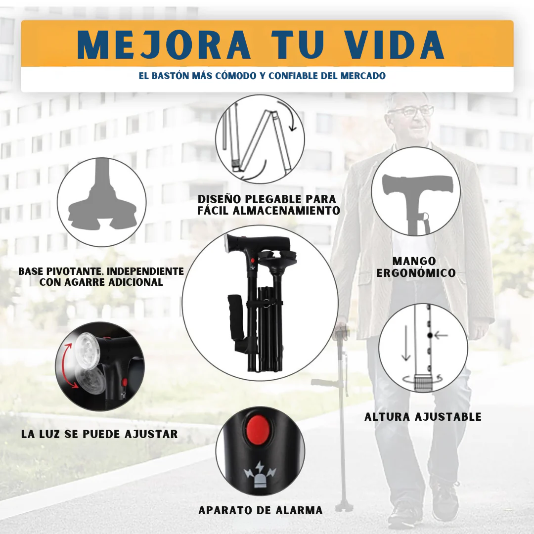 FlexStep ™ - Bastón Plegable Doble Asa y Linterna