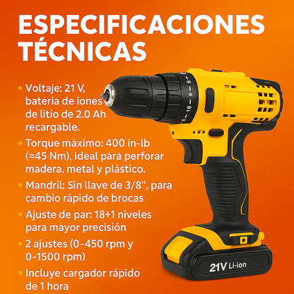 Taladro Inalámbrico CON 2 POTENTES BATERÍAS Y ACCESORIOS DE REGALO⚡