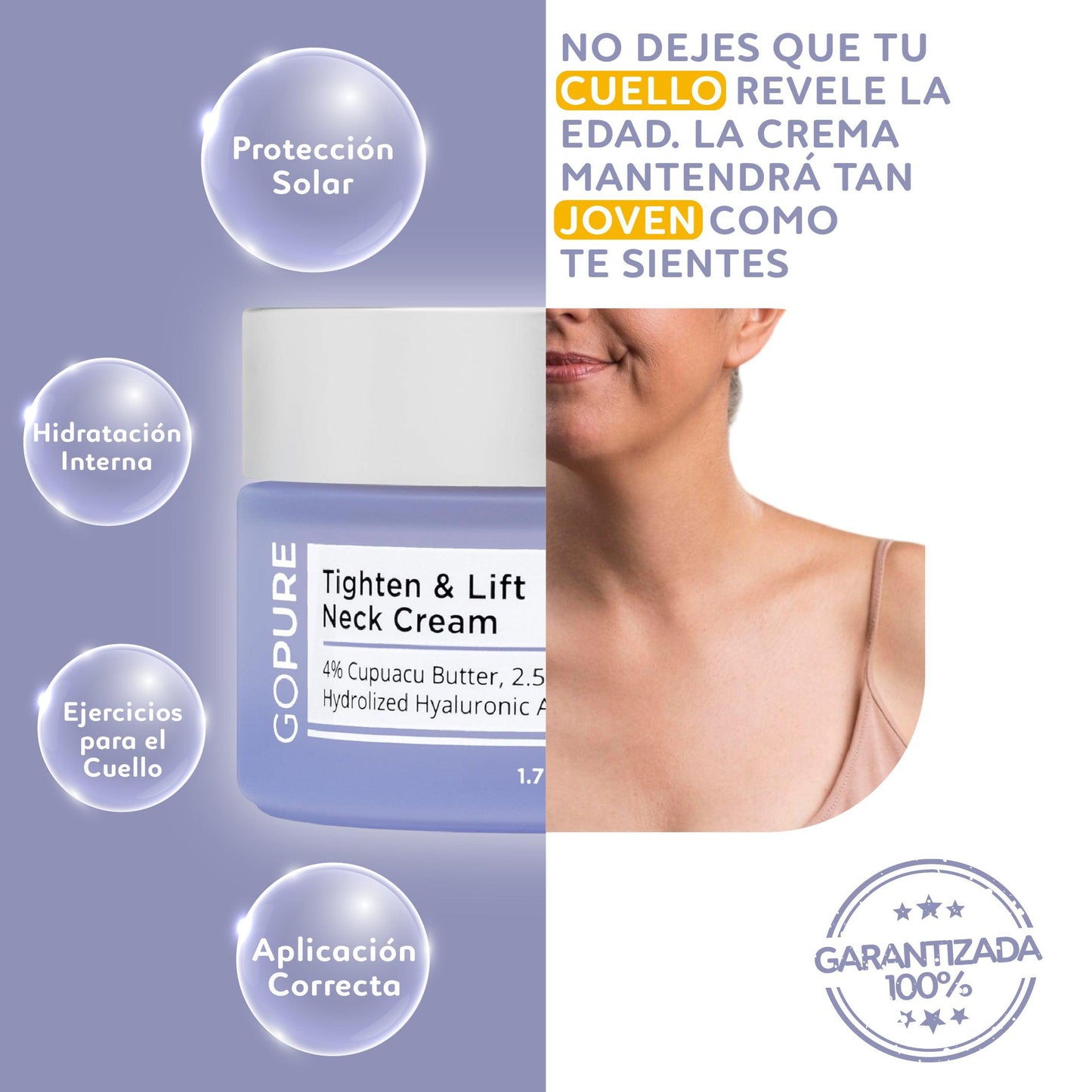 Elimina la flacidez del cuello y luce 10 años más joven | Crema Reafirmante GoPure® 2x1 💎